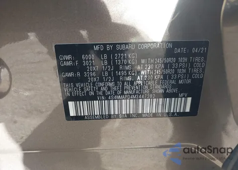 2021 Subaru Ascent Limited z USA, uszkodzony, nr VIN 4S4WMAPD4M3447282